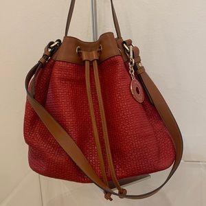 Isaac Mizrahi cognac /red leather drawstring bucket bag  comes with dust bag